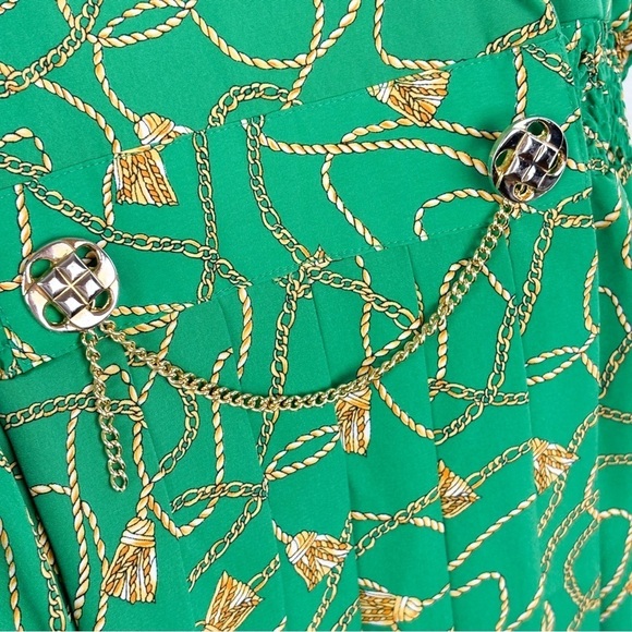 Vintags 80s Ms Chaus Green Gold Chain Print Midi Dress Sz 12 - Picture 9 of 10